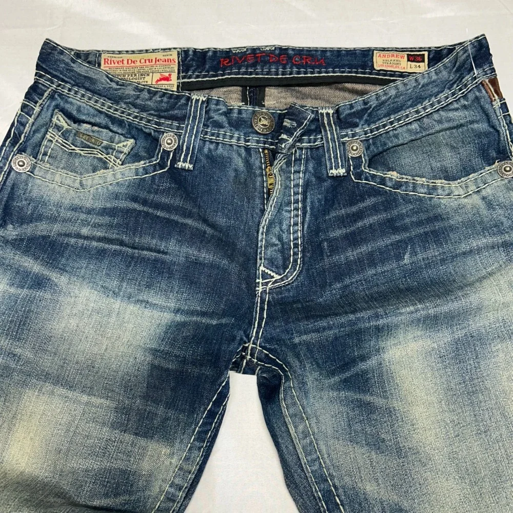 Rivet De Cru Andrew Mens wide leg Blue Jeans Thick Stitch 36x34 Faded